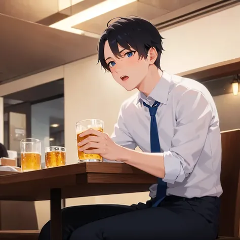 sitting, (holding a beer), (at night:1.5), masterpiece, best quality, Japanese manga style, upper body, (25 year old male: 1.5) and (short black hair) and (blue eyes), BREAK (white collared shirt) and (blue tie) BREAK surprised, open mouth, inside restaura...