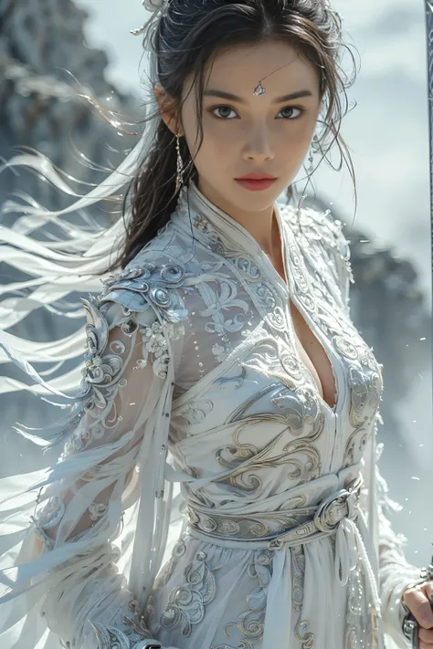 (masterpiece, RAW, 32K, UHD, hyper realistic, best quality), swordswoman,1girl (Beautiful face, supermodel) ,seductive smile, black hair ,blue sky, blurry, brown eyes ,closed mouth ,cloud ,day ,eyelashes ,grey eyes, holding sword, lips ,long hair, looking ...
