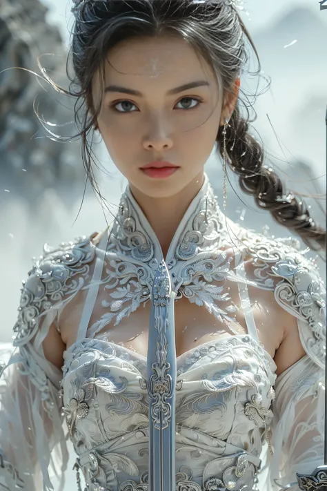 (masterpiece, RAW, 32K, UHD, hyper realistic, best quality), swordswoman,1girl (Beautiful face, supermodel) ,seductive smile, black hair ,blue sky, blurry, brown eyes ,closed mouth ,cloud ,day ,eyelashes ,grey eyes, holding sword, lips ,long hair, looking ...