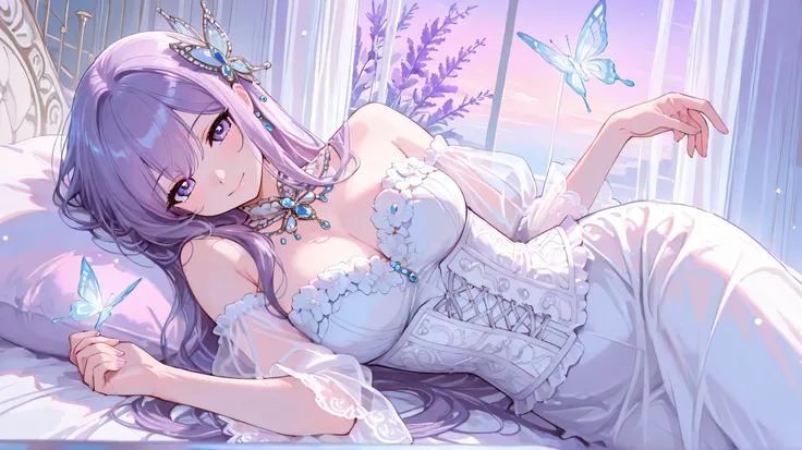 
Masterpiece, Best Quality, Top Quality, Very Detailed, A captivating young woman with deep violet hair styled elegantly, adorned with delicate butterfly-shaped accessories, lies gracefully on a bed of soft white feathers. Her fair skin glows under the gen...