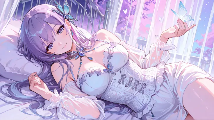 
Masterpiece, Best Quality, Top Quality, Very Detailed, A captivating young woman with deep violet hair styled elegantly, adorned with delicate butterfly-shaped accessories, lies gracefully on a bed of soft white feathers. Her fair skin glows under the gen...