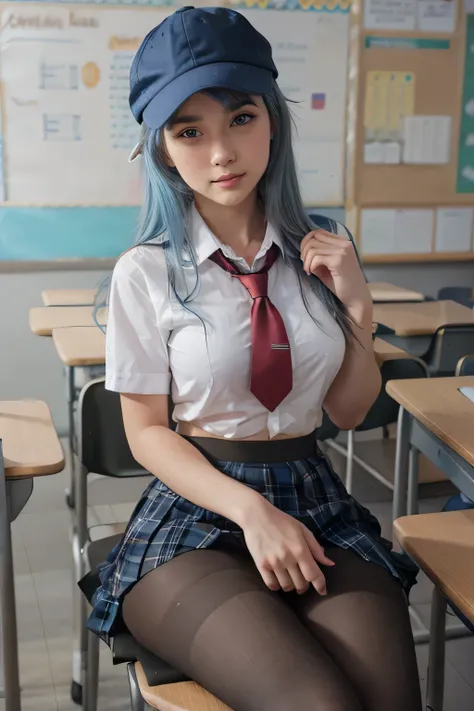 Blue haired girl,  blue eyes, sports cap, sitting on a chair, crossing her legs,  school background,  school background(classroom), complete anatomy, school uniform, tie, shirt, skirt, pantyhose, blush, primera persona, Charm,  underwear, great body.