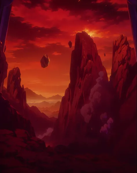 anime screencap, rocks, mountains, smoke, floating rocks, red clouds, dark clouds, purple pillars, beautiful lighting, masterpiece