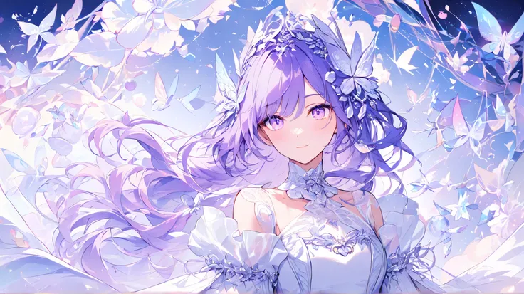 
Masterpiece, Best Quality, Top Quality, Very Detailed, A captivating young woman with deep violet hair styled elegantly, adorned with delicate butterfly-shaped accessories, lies gracefully on a bed of soft white feathers. Her fair skin glows under the gen...