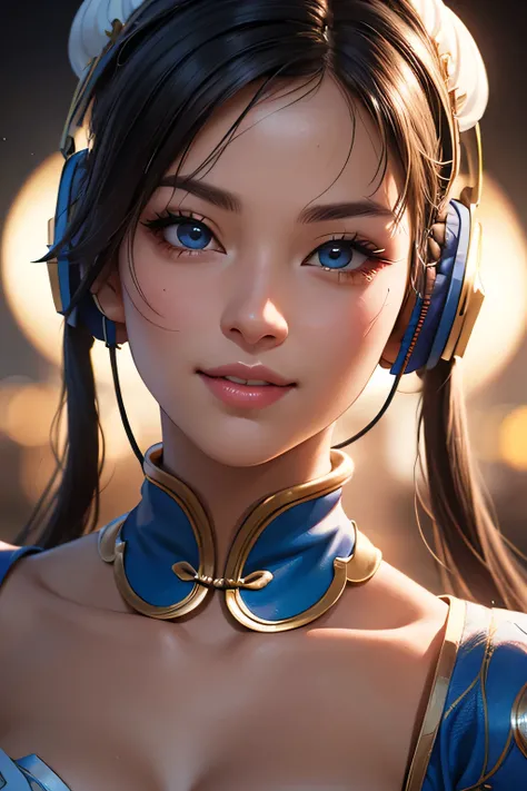 chun-li, headphone, 1girl, beautiful detailed eyes, beautiful detailed lips, extremely detailed face, cinematic lighting, 4k, 8k, highres, masterpiece, ultra-detailed, photorealistic, vivid colors, dramatic shadows, smile