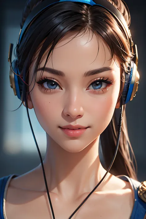 chun-li, headphone, 1girl, beautiful detailed eyes, beautiful detailed lips, extremely detailed face, cinematic lighting, 4k, 8k, highres, masterpiece, ultra-detailed, photorealistic, vivid colors, dramatic shadows, smile, black eyes