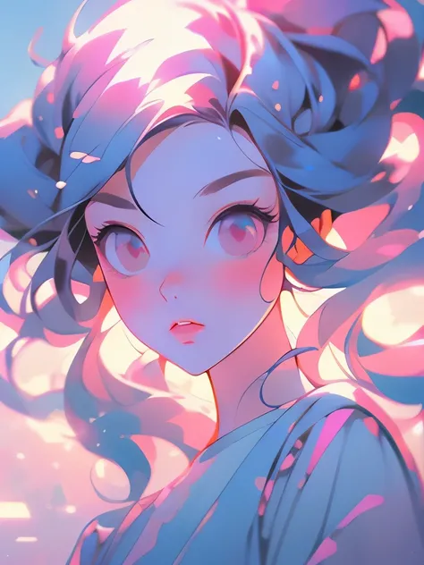 there is a blurry image of a woman's face with a pink and blue background, artwork in the style of guweiz, blurred and dreamy illustration, inspired by Yanjun Cheng, digital art ilya kuvshinov, soft anime illustration, blurry and dreamy illustration, beepl...