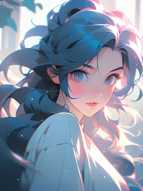 there is a blurry image of a woman's face with a pink and blue background, a digital painting inspired by Yanjun Cheng, trending on cgsociety, digital art, artwork in the style of guweiz, blurred and dreamy illustration, digital art ilya kuvshinov, soft an...