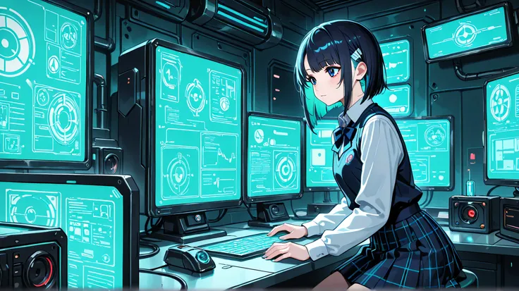 
Masterpiece, Best Quality, Top Quality, Very Detailed, A young girl with dark blue twin-tailed hair and a futuristic school uniform is deeply focused on assembling a small robotic companion at her high-tech workstation. The dimly lit cyberpunk-style room ...