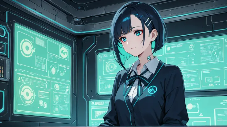 Masterpiece, Best Quality, Top Quality, Very Detailed, A young girl with dark blue twin-tailed hair and a futuristic school uniform is deeply focused on assembling a small robotic companion at her high-tech workstation. The dimly lit cyberpunk-style room ...
