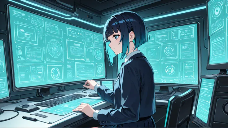 Masterpiece, Best Quality, Top Quality, Very Detailed, A young girl with dark blue twin-tailed hair and a futuristic school uniform is deeply focused on assembling a small robotic companion at her high-tech workstation. The dimly lit cyberpunk-style room ...