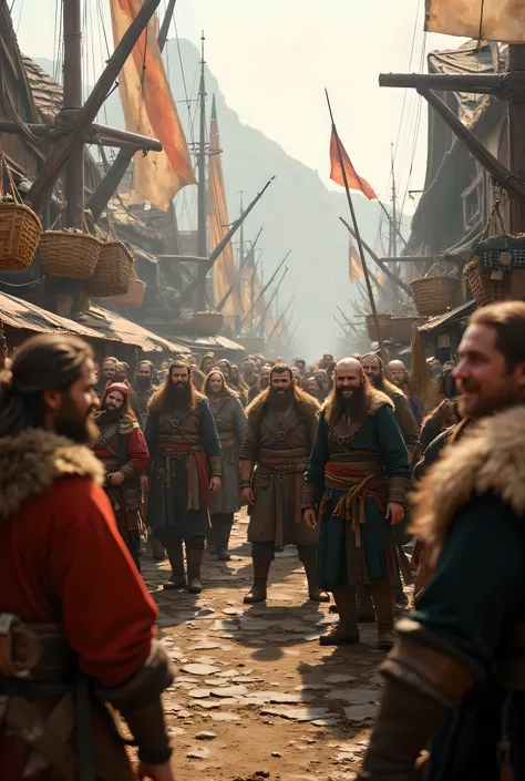 **Prompt:** Create a visually stunning and hyper-realistic panoramic scene using Unreal Engine 5, showcasing a vibrant Viking medieval port landscape. The composition should be symmetrically balanced, featuring groups of smiling Viking pirates joyfully...