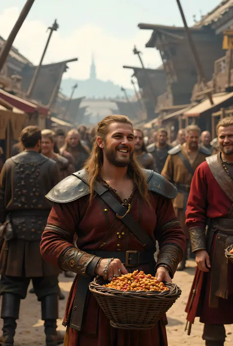 **Prompt:** Create a visually stunning and hyper-realistic panoramic scene using Unreal Engine 5, showcasing a vibrant Viking medieval port landscape. The composition should be symmetrically balanced, featuring groups of smiling Viking pirates joyfully...