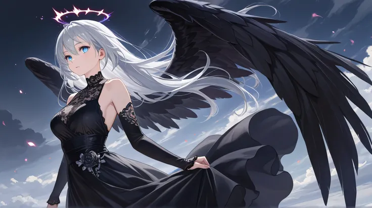 Masterpiece, Best Quality, Top Quality, Very Detailed, A beautiful dark angel with silver hair, deep blue eyes, and majestic black wings. She wears an elegant black lace dress, exuding mystery and allure. Soft glowing light enhances the ethereal, fantasy a...