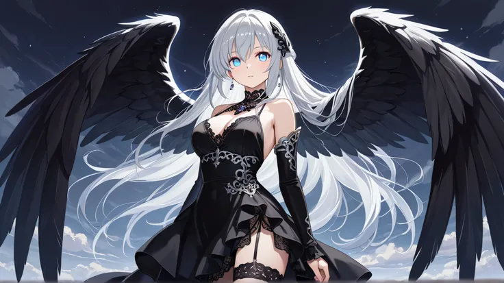 Masterpiece, Best Quality, Top Quality, Very Detailed, A beautiful dark angel with silver hair, deep blue eyes, and majestic black wings. She wears an elegant black lace dress, exuding mystery and allure. Soft glowing light enhances the ethereal, fantasy a...