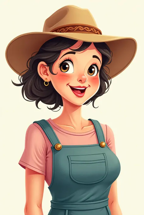 Cartoon logo of an auntie wearing a cute farmer's hat.