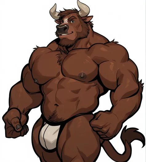 Minotaur, alaskan malamute, solo, detailed, detailed face, detailed eyes, anthro body, male, adult, very muscular:1.1, cartoon shading, cel shaded:1.0, flat colors, shirtless, wfa style, negger style, cartoony anatomy, above waist, looking at viewer, arms ...