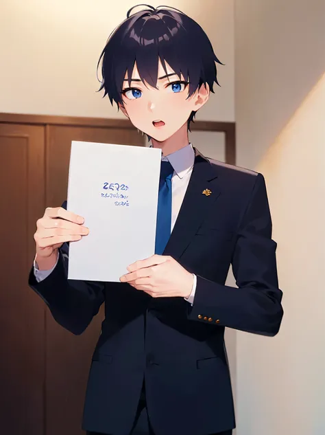 standing, (holding a photo), masterpiece, best quality, Japanese manga style, upper body, (25 year old male: 1.5) and (short black hair) and (blue eyes), (suit:1.5) and (blue tie), surprised, open mouth, inside personal room, alone,
