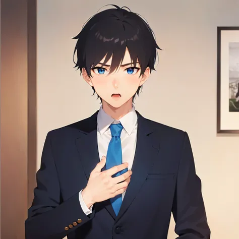 standing, (holding a photo), masterpiece, best quality, Japanese manga style, upper body, (25 year old male: 1.5) and (short black hair) and (blue eyes), (suit:1.5) and (blue tie), surprised, open mouth, inside personal room, alone,
