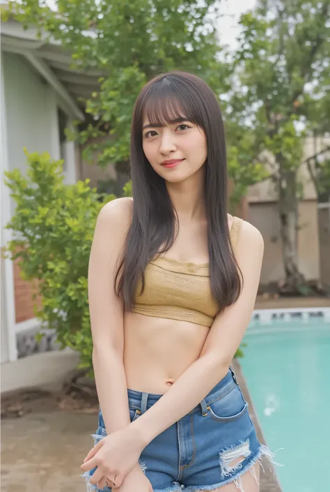 Beautiful young woman with long hair standing by a pool,((with bangs)),((medium long hair)), ((looking forward with one hand on hip)), (((gold bikini top and distressed denim shorts, full body shot ))), highly detailed face, beautiful eyes with great detai...