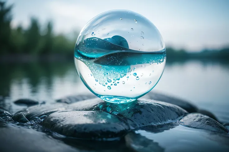 a close up of a  on a rock near the water, blister,  Water Particles Ahead ,  instagram post , ,  Scenery Shot ,  crystal ball, Glass sphere, Alien planet covered in water, Water element,  Water Droplets,  close-up fantasy 、Water Magic,  Unsplash Contest W...