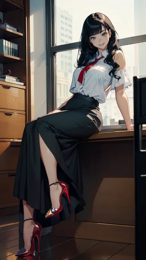 ((masterpiece, high resolution, better quality, better details)), ((Smiling)), ((one girl)) a girl sitting in the office, full body, maxi skirt, long skirt, ((long skirt without openings)),((louboutin high heels)), green eyes , ((black hair, long hair)), s...