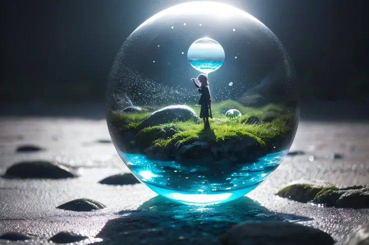 a close up of a  on a rock near the water,   Digital Art  by Chris Rallis,  Unsplash Contest Winning Entries,   Digital Art , blister,  Water Particles Ahead ,  instagram post , ,  Scenery Shot ,  crystal ball, Glass sphere, Alien planet covered in water, ...