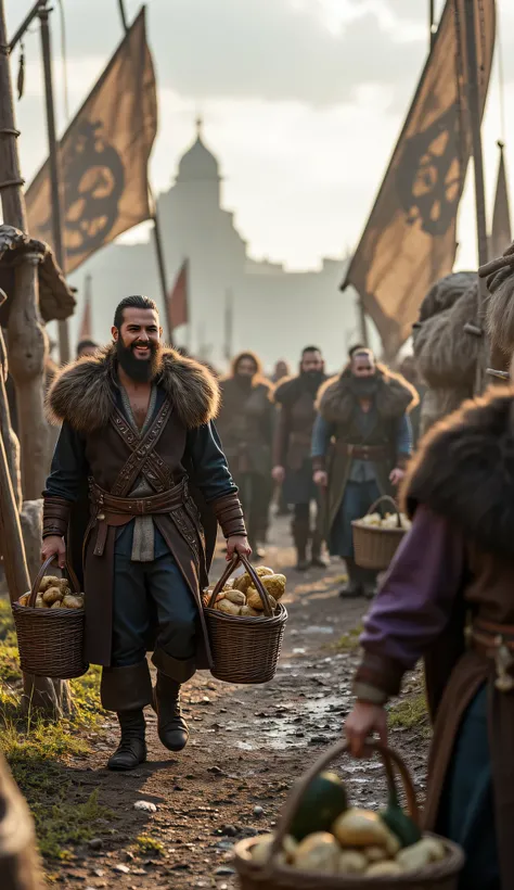 **Prompt:** ancient medieval era, Create a visually stunning and hyper-realistic panoramic scene using Unreal Engine 5, showcasing a vibrant Viking medieval port landscape scenery. The composition should be symmetrically balanced, featuring several of smil...