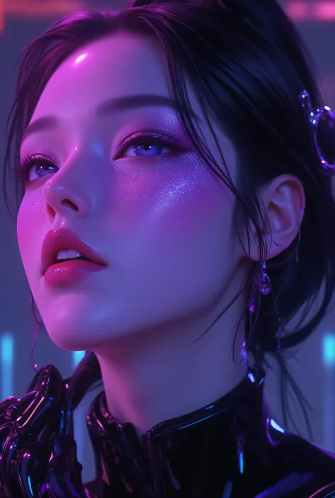 80’s glam rock makeup on shiny android face, anime, 2.5D, Glittery face, moody lighting, (purples, pinks, and blues), iridescent face, abstract ai model, pretty, sexy, minimal, sleek, slender, asian, elegant, chic, futuristic, retro, sophisticated half hum...