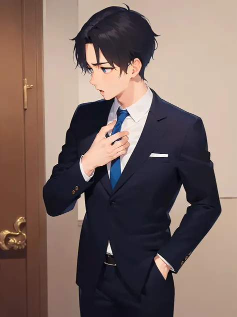 (at night:1.5), standing, masterpiece, best quality, Japanese manga style, upper body, (looking away:1.5), side angle, (25 year old male: 1.5) and (short black hair) and (blue eyes), (suit:1.5) and (blue tie), surprised, open mouth, inside personal room, a...