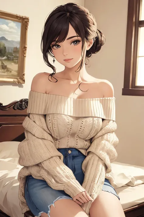 ((best quality)), (( masterpiece)), (detailed), 1 girl, off-shoulder sweater, 