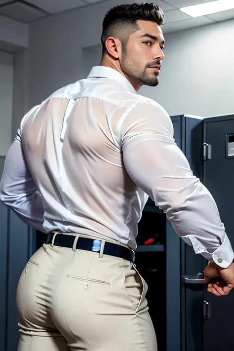40-year-old boy Japanese muscular male in transparent white formal shirt......... short haired, bearded, wearing navy dark blue shiny trouser ...........gooning seductive expression.................... dripping on body and pants...................., archin...