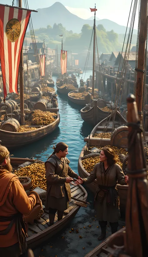 Create a highly detailed, ultra-realistic panoramic scene using Unreal Engine 5, capturing a vibrant medieval Viking port. Focus on a symmetrically balanced composition featuring several joyful Viking merchants and pirates, smiling as they engage in lively...