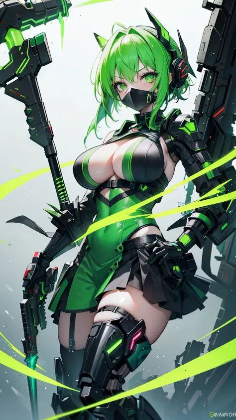 Girl, Green hair, Maid, glowing Green eyes, bad, green Cyber axe, green Cyberpunk Respirator, big boob, 166cm, Tomboy