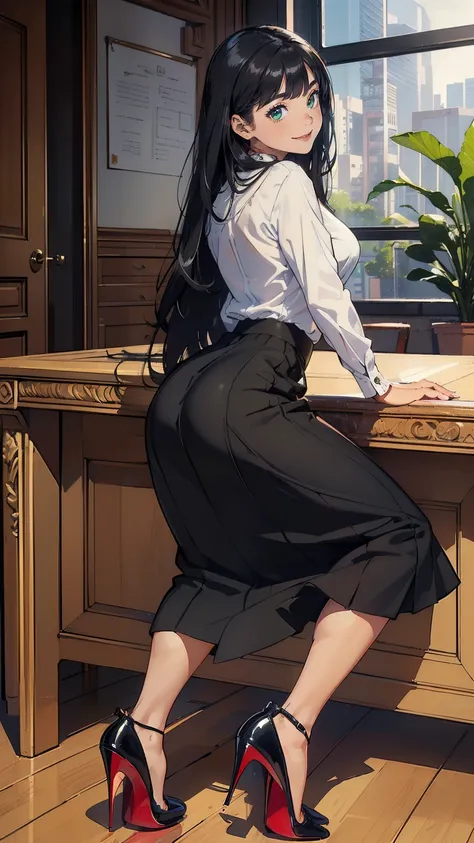 ((masterpiece, high resolution, better quality, better details)), ((Smiling)), ((one girl)) a girl sitting in the office, full body, maxi skirt, long skirt, ((long skirt without openings)),((louboutin high heels)), green eyes , ((black hair, long hair)), s...