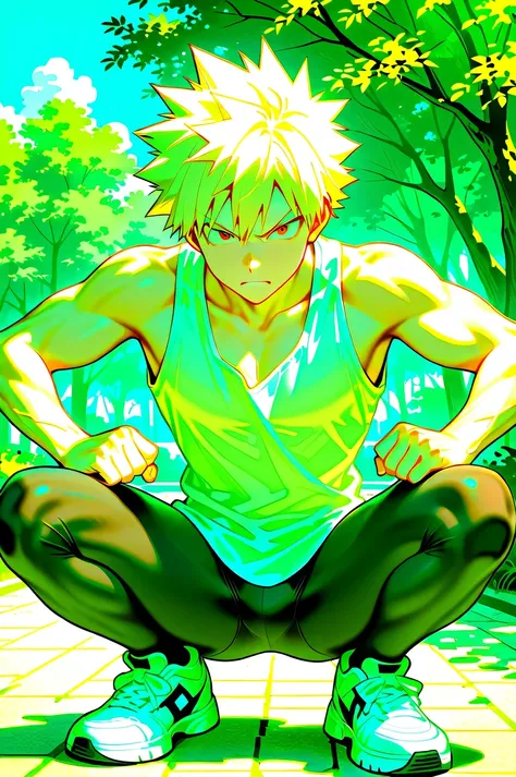 bakugo katsuki,  red eyes, blond hair,  Detailed,  short hair, wide shoulders ,  muscular male ,  Alone , male focus,  white sleeveless t-shirt, 8K, park background,   blue sky,  nubes blancas, by day,  seen from the front,  angry expression ,  five finger...