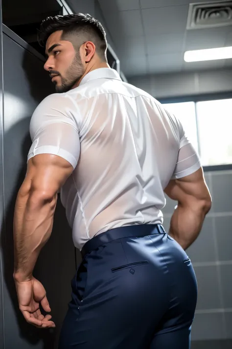 40-year-old boy Japanese muscular male in transparent white formal shirt......... short haired, bearded, wearing navy dark blue shiny trouser ...........gooning seductive expression.................... dripping on body and pants...................., archin...