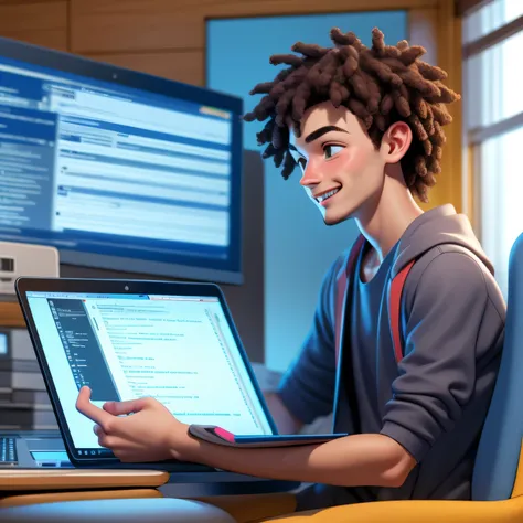 a male student uses a laptop while happily showing his coding results