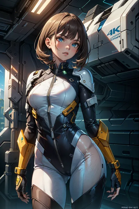 (extremely detailed CG unity 4k wallpaper),(masterpiece),(best quality),(ultra-detailed),(best illustration),(best shadow),(absurdres),(detailed background), Science fiction, Pilot Jumpsuit, British Girl, Blue eyes, Lithe figure,  Shoulder-length Light bro...