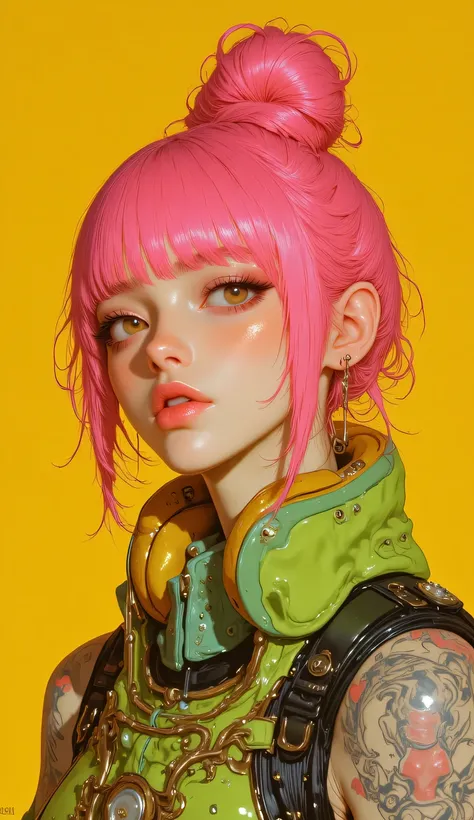 8k, masterpiece, highest quality, Korea's Beautiful Women, Close-up, vibrant pink hair, messy bun hairstyle, golden yellow headphones, yellow background, green vest, visible tattoos, subtle makeup, soft lighting, portrait, digital art style, hyper-realisti...