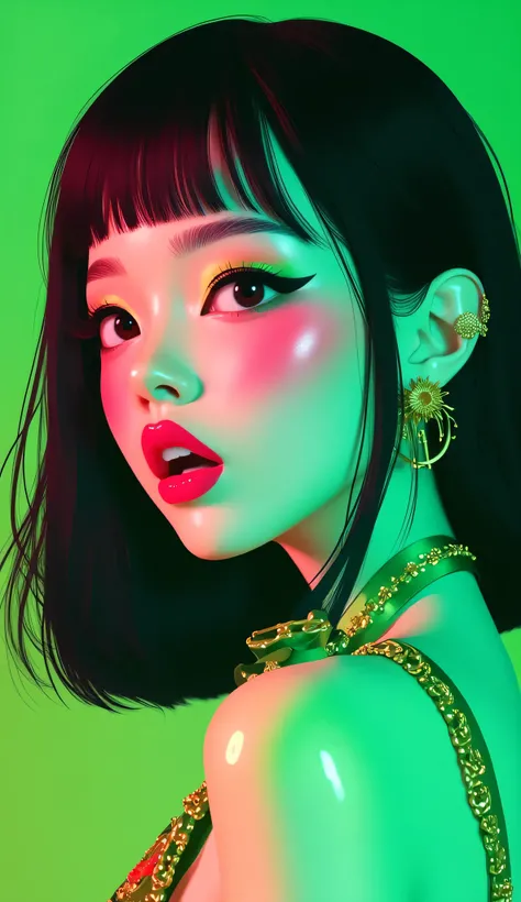 80’s glam rock makeup on shiny face, asian girl, anime, 2.5D, moody lighting, (green, pink, gold), pretty, sexy, minimal, sleek, slender, asian, elegant, futuristic, retro, sophisticated half human half machine, mouth open wide, Kizi,(eyes looking off to s...