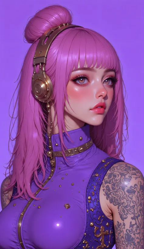 8k, masterpiece, highest quality, Korea's Beautiful Women, Close-up, vibrant pink hair, messy bun hairstyle, golden purple headphones, purple background, purple vest, visible tattoos, subtle makeup, soft lighting, portrait, digital art style, hyper-realist...