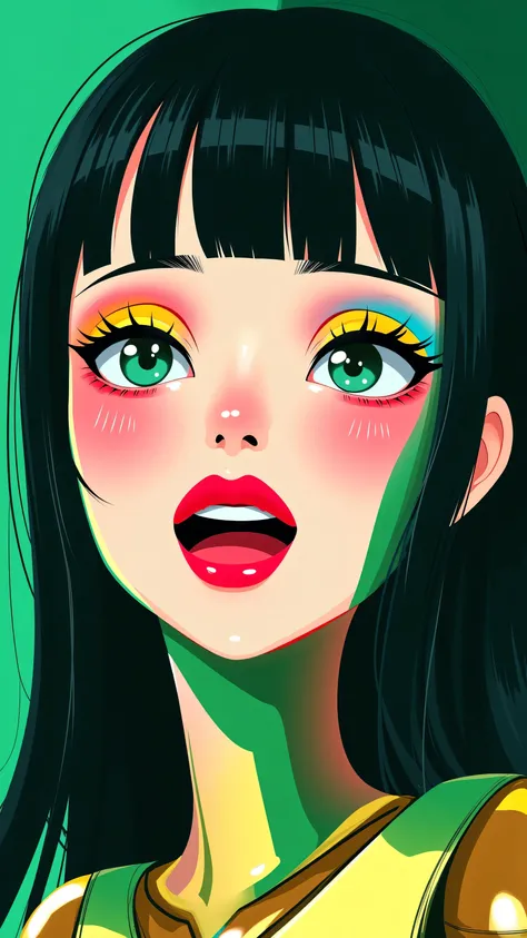 80’s glam rock makeup on shiny face, asian girl, anime, 2.5D, moody lighting, (green, pink, gold), pretty, sexy, minimal, sleek, slender, asian, elegant, futuristic, retro, sophisticated half human half machine, mouth open wide, Kizi,(eyes looking off to s...