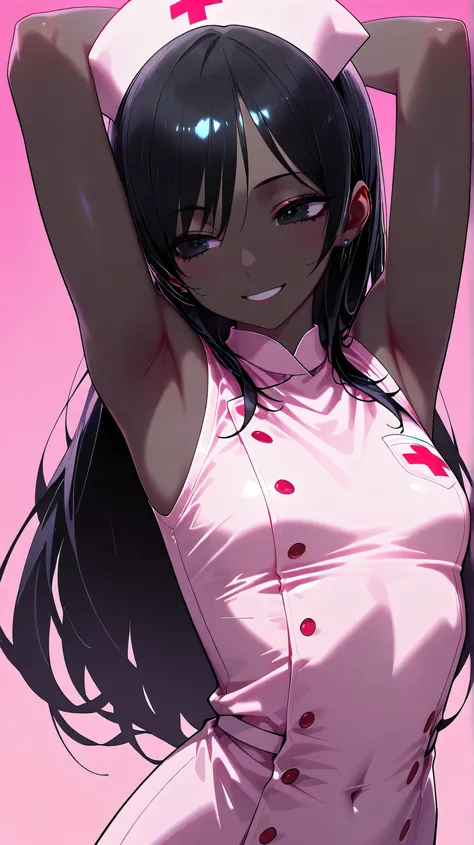 (low lighting), (neon atmosphere), light background, 1 hot girl, very dark skin, black eyes, grin, gorgeous, long hair, school girl, small breasts, navel, exposing clothes, nurse, armpits, tight body, Kizi，eyes looking off to side, Highly detailed, Amazing...