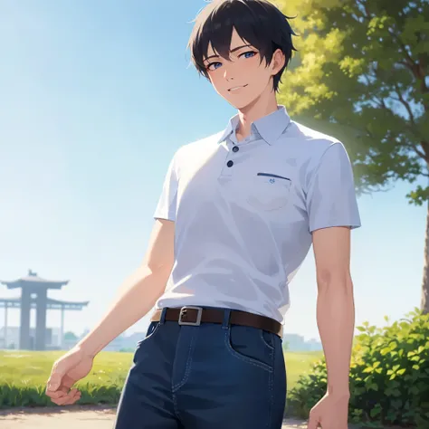 (forward hands:1.3), standing, masterpiece, best quality, Japanese manga style, upper body, (25 year old male: 1.5) and (short black hair) and (blue eyes), BREAK (white polo shirt) and (jeans) BREAK smile, in the park, alone,
