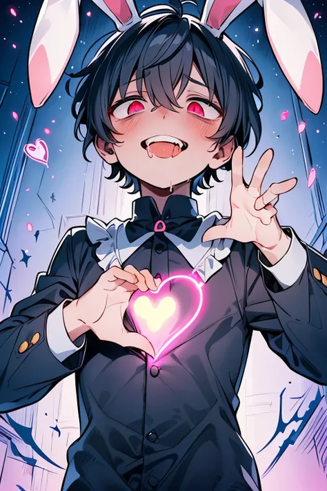 ((1-boy :1.3)),((handsome:1.2)),((adult men:1.15)),((Alone:1.1)),short hair,(Curly hair:1.15),black hair,((Passion coralpink eyes:1.25)),skinny body,((making heart shape with hands:1.25)),(cropped lovely Maid costume:1.0),(long sleeve:1.0),((bunny ears:1.2...