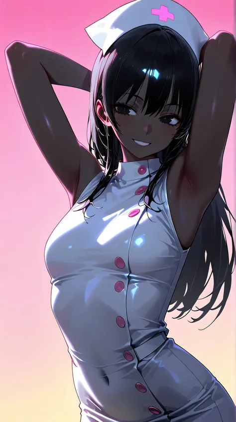 (low lighting), (neon atmosphere), light background, 1 hot girl, very dark skin, black eyes, grin, gorgeous, long hair, school girl, small breasts, navel, exposing clothes, nurse, armpits, tight body, Kizi，eyes looking off to side, Highly detailed, Amazing...