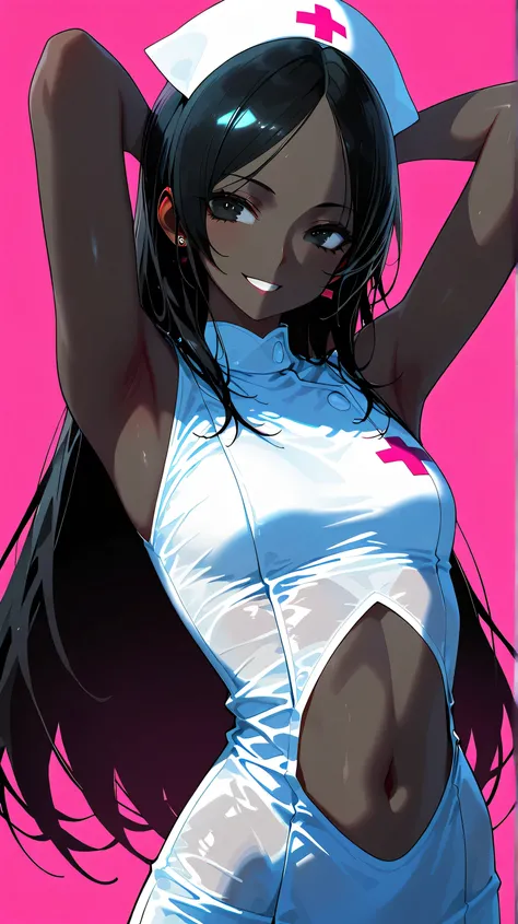 (low lighting), (neon atmosphere), light background, 1 hot girl, very dark skin, black eyes, grin, gorgeous, long hair, school girl, small breasts, navel, exposing clothes, nurse, armpits, tight body, Kizi，eyes looking off to side, Highly detailed, Amazing...