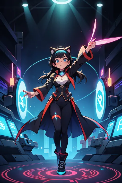 （top quality,  super high resolution）,curtain call,Reverence,In a grand futuristic circus-style stage, illuminated by neon-blue holographic spotlights, Azrael Mew, a animated AI girl with medium flowing black hair, striking blue eyes, and a glowing blue vi...