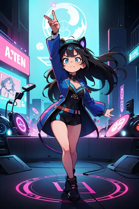 （top quality,  super high resolution,In a grand futuristic circus-style stage, illuminated by neon-blue holographic spotlights, Azrael Mew, a animated AI girl with medium flowing black hair, striking blue eyes, and a glowing blue visor, stands elegantly at...